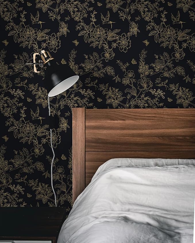 Froluya Black and Gold Wallpaper Peel and Stick Wallpaper 17.7"x393.7" Vintage Floral Boho Peel and Stick Wall Paper Dark Removable Self Adhesive Contact Paper for Bedroom Cabinets Shelf Liner Vinyl