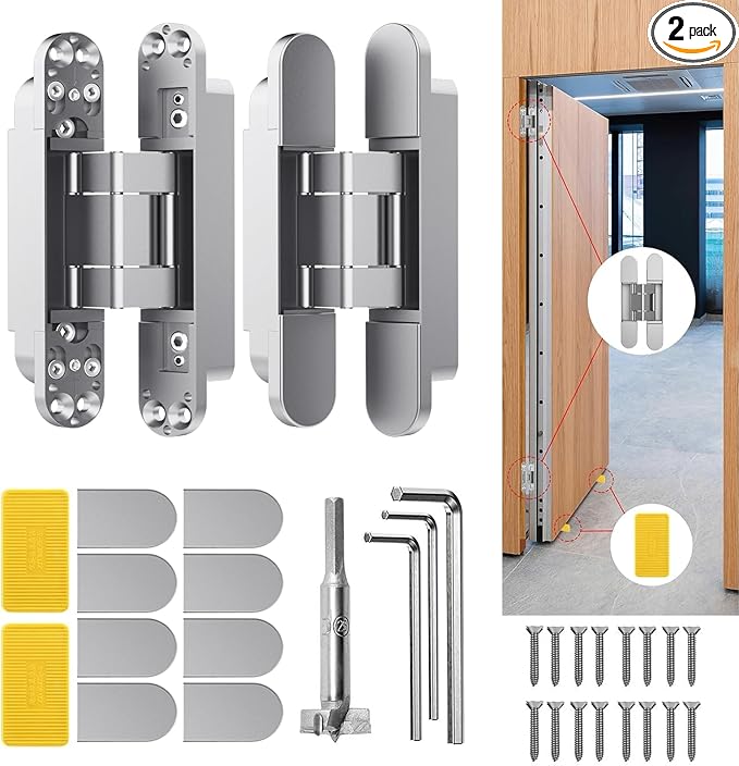6" Hidden Door Hinge/Concealed Hinges,Invisible Hinges,Invisible Door Silent 180 Degree Swing Hinge 3-Way Adjustable Butt 6 x 2.5 x 1inch (Silvery, 6 inches)