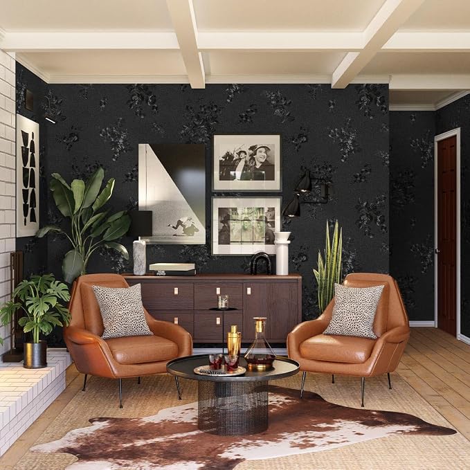 Black Peel and Stick Wallpaper Silk Embossed Floral 787.4in17.7in | Textured Thicken Self Adhesive,Waterproof Contact Paper for Cabinets,Bedroom Bathroom Wall Decor,Renter Friendly,Easy Removal