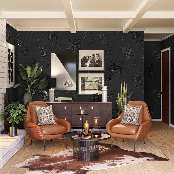 Black Peel and Stick Wallpaper Silk Embossed Floral 275in 17.7in | Textured Thicken Self Adhesive,Waterproof Contact Paper for Cabinets,Bedroom Bathroom Wall Decor,Renter Friendly,Easy Removal