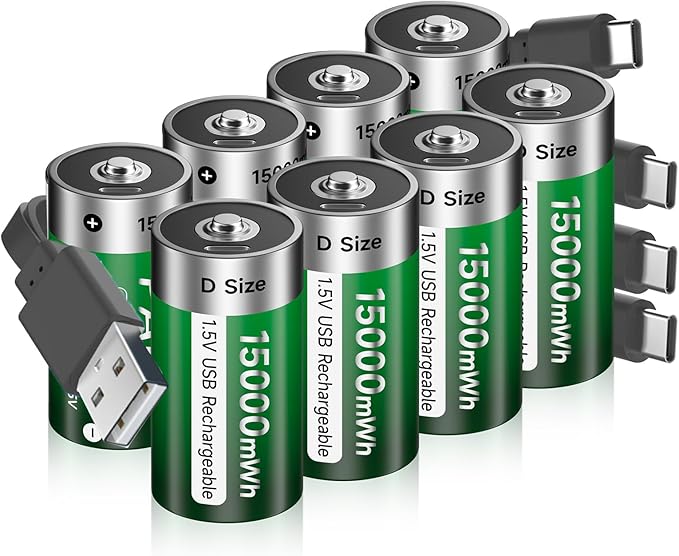 Rechargeable D Batteries 8 Pack, 15000mWh Rechargeable D Cell Battery with 4-in-1 USB-C Charging Cable, 1.5V Batteries D Size for Floodlight Toys, Water Heater, Gas Stove