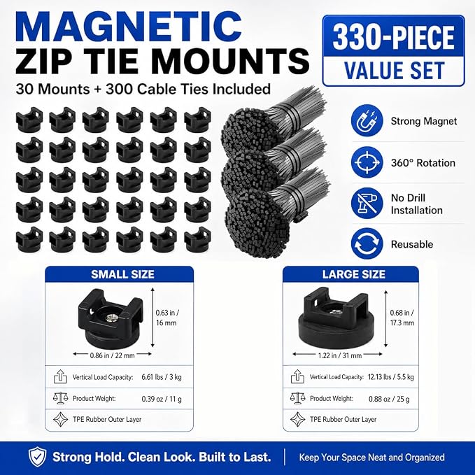 30 Pcs Magnetic Zip Tie Mounts with 300 Cable Ties Magnetic Cable Clips Magnet Cable Holder and Wire Holder for Cable Management Home Office Garage Marine Electrical Wiring (22mm)