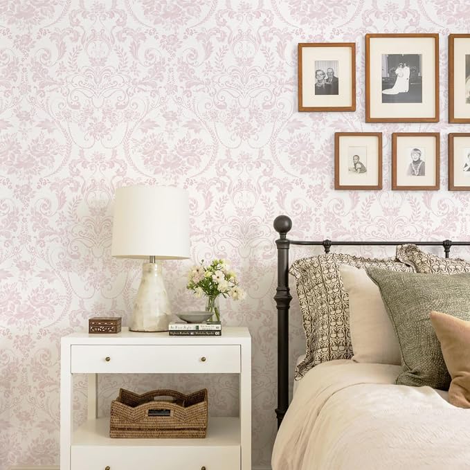Ismoon Peel and Stick Wallpaper Pink Contact Paper 17.3in x 6.56ft Vintage Floral Wallpaper Boho Damask Removable Textured Wall Paper for Bedroom Bathroom Shelf Cabinet Décor