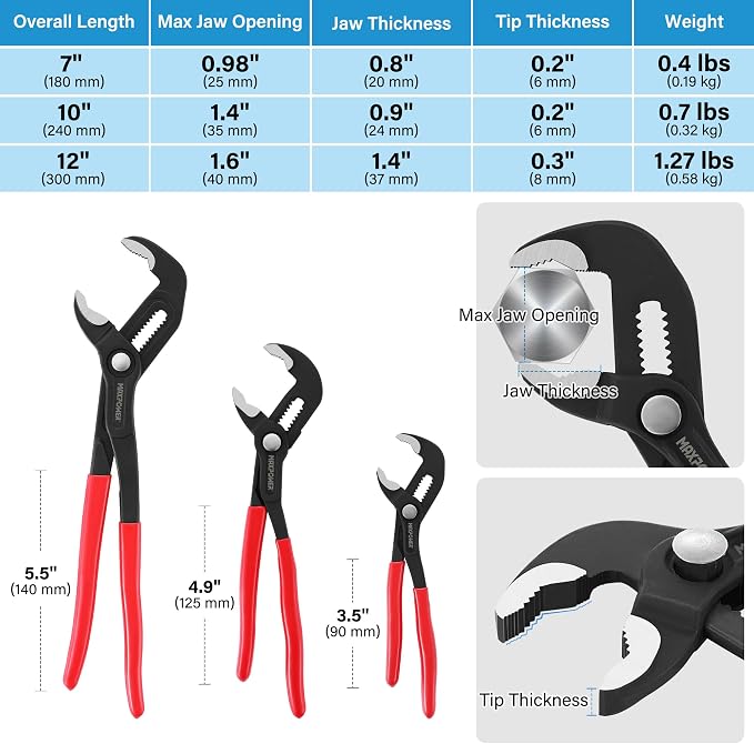 MAXPOWER 7" 10" 12" Water Pump Pliers, Quick Adjustment Push Button Pliers | Jaw Capacity 0.98" 1.4" 1.6", 3-pieces Tongue-and-Groove Pliers Set