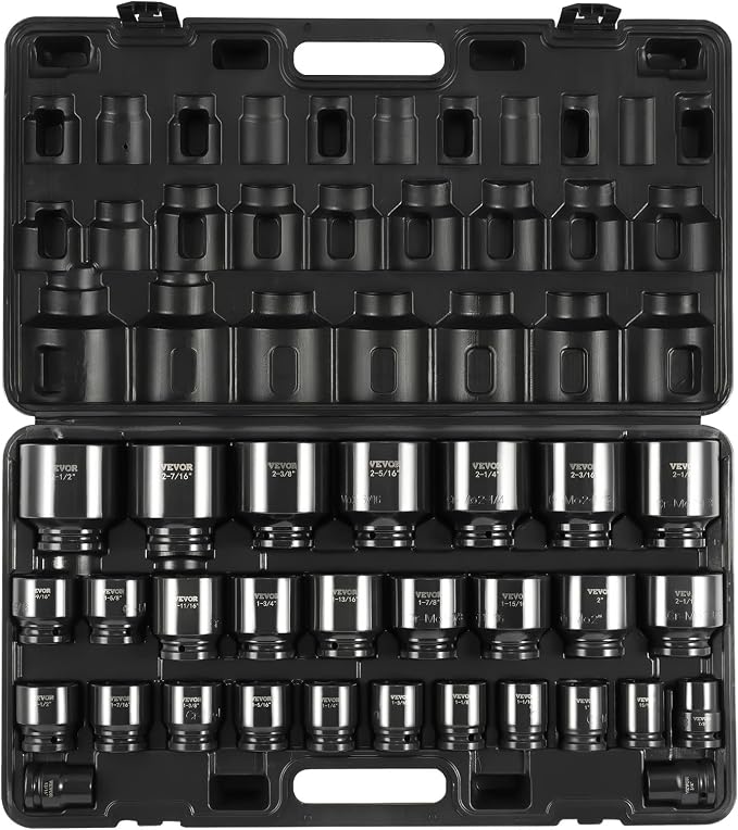 VEVOR 3/4" Drive Impact Socket Set, 29 Piece, CR-MO | SAE 3/4" to 2-1/2", 6 Point Sockets, Easy-to-Read Size Markings, Rugged Construction, with Storage Case