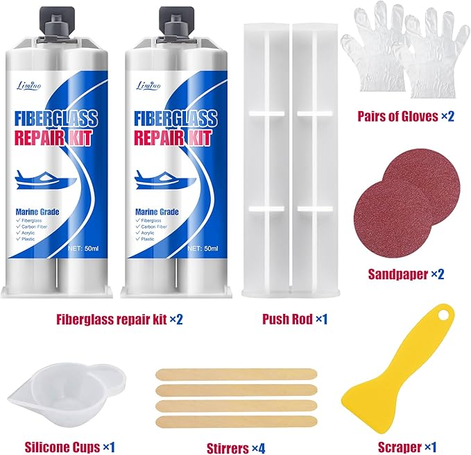 Limino Marine Fiberglass Repair Kit - 100ml Fiberglass Resin Filler for Fiberglass Bathtub Chips Cracks Holes Scratch Repair - Gel Coat Repair Kit for Boats, Jet Skis, Surf Boat, Kayak, UV-Resistant