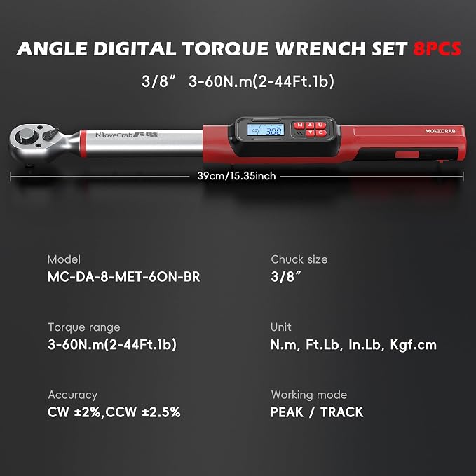 3/8" Digital Angle Torque Wrench, 2-44 Ft.lb, ±2% Accuracy, 8pcs | Electronic Torque Wrench with 0.1° Angle Mode, LED Display, Buzzer Alerts for Automotive, Motorcycle & Engine Repair