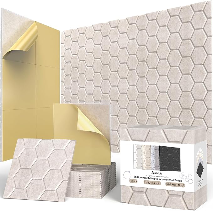 12Pack Acoustic Wall Panels, Honeycomb Self-Adhesive Sound Proof Foam Panels for Walls, High Density Decorative Hexagon Sound Absorbing Wall Tiles for Recording Studios, Home, 12"×12"×0.4", Camel