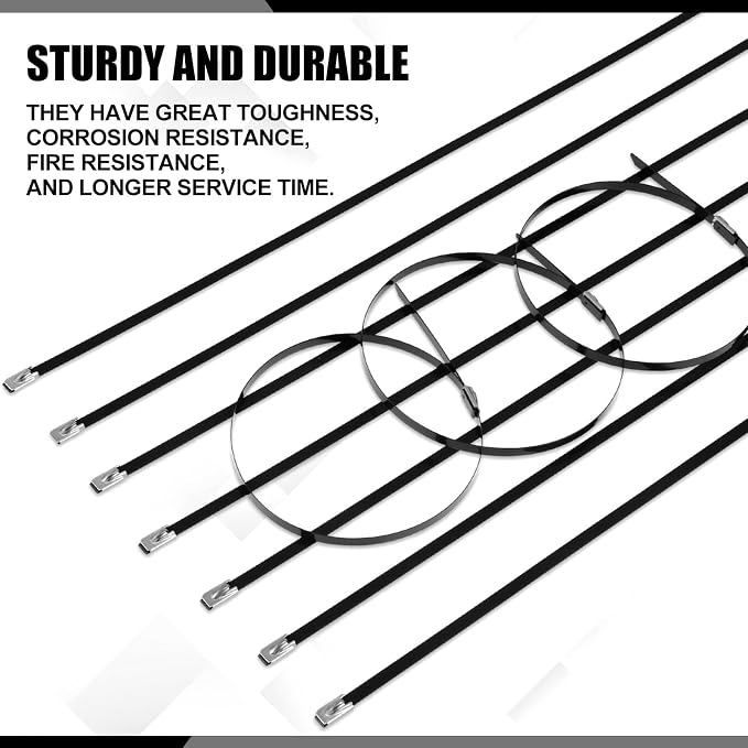 Pelopy 300 Pcs 6", 10", 14" Metal Zip Ties Black 304 Stainless Steel Zip Ties Epoxy Coated Tie Heavy Duty Cable Self Locking Cable Multi Purpose for Machinery Vehicles Exhaust Wrap Outdoor Fence Farms