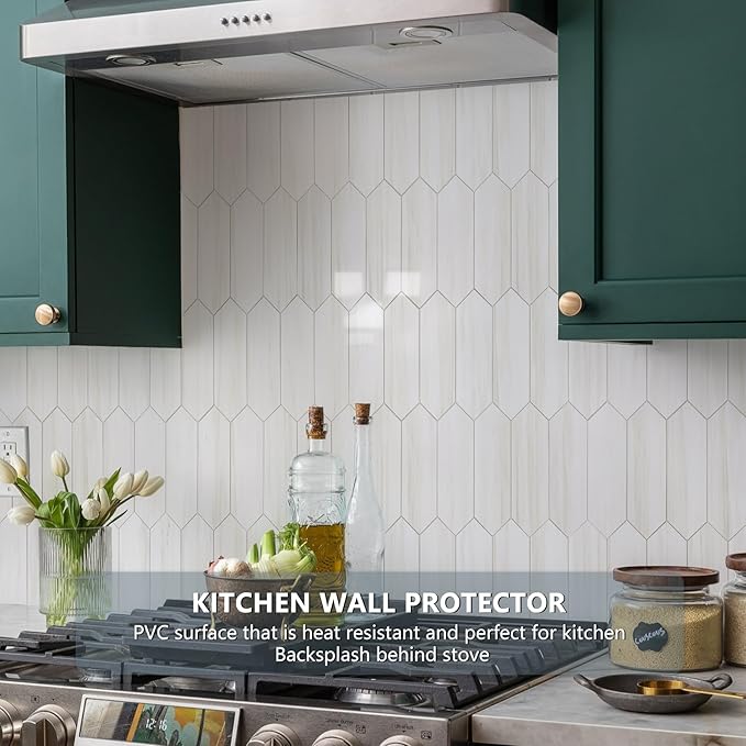 Vamos Tile Glossy Dolomite White Backsplash Tile Peel and Stick, 12.8 x 12.8 Inch 10 Sheets Long Hexagon PVC Self Adhesive Mosaic Wall Tiles Stick on Backsplash for Kitchen and Bathroom