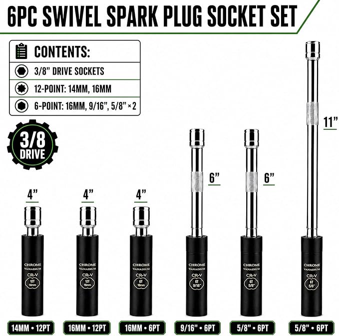 AEROFORCE 6PCS 3/8" Drive Magnetic Swivel Spark Plug Socket Set, Thin Wall | Includes 9/16", 5/8", 16MM, 14MM Sockets with Extensions, Magnetic Core, 360° Swivel for Effortless Spark Plug Replacement