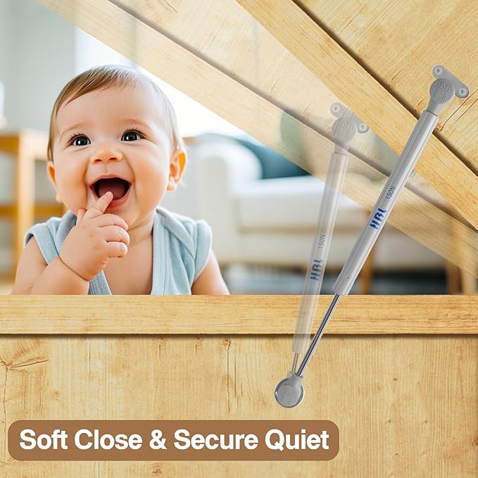 2 Pack Soft Close Toy Box Hinges for Heavy Curved, Round, Arched and Flat Lids - HBL' 150N Gas Strut Spring Safety Hinges to Slow Down and Slow Close, Also Works for Flat Lids.