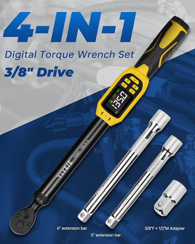 Digital Torque Wrench 3/8" Drive, 5-99.5 Ft-lb/6.7-135 N.m (±1% Accuracy) | Buzzer and LED Alert, Electric Torque Wrench Digital with Adapter, 2 Extension Bars - Reach Tight Space, for Bike/Moto/Auto