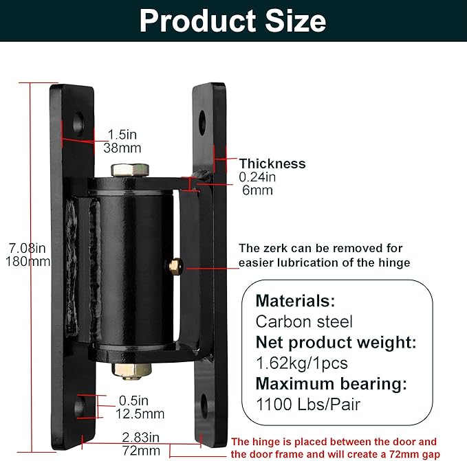 Heavy Duty Gate Hinges,7in Bolted or Welded On Large Wood/Metal Gates, 1100lbs Max Load,Roller Bearing Hinges，90° Smooth Opening Inward or Outward for Fences, Yard,Barn, Shed,Driveway Gate,2pack