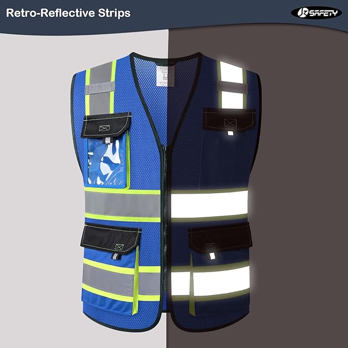 JKSafety Hi Vis Reflective Safety Vests for Men Women High Visibility Vest with Pockets Mesh Fabric Construction Safety Apparel Neon Vest for Work (220-Blue XL)