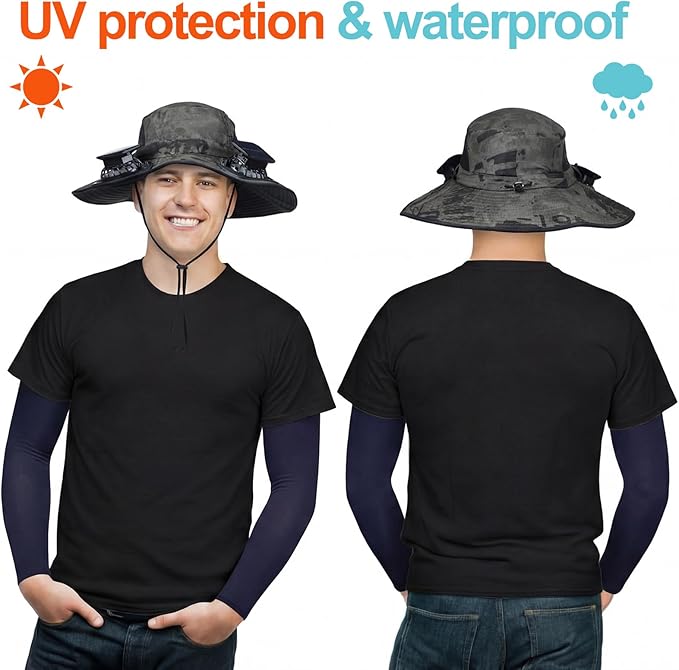 Glitopper 2 Set Wide Brim Solar Fan Hats with 2 Solar Fan and Arm Sleeves Set Outdoor Fishing Bucket Hat for Men Women Hiking