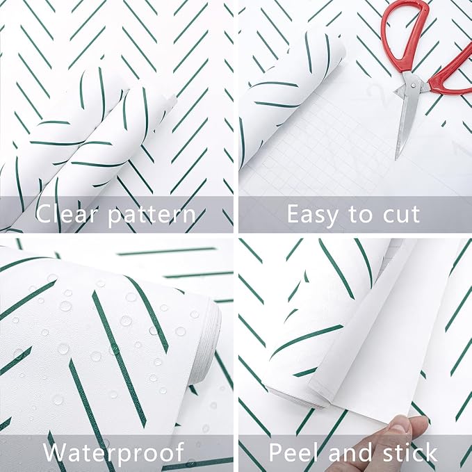 Erfoni Peel and Stick Wallpaper Green Herringbone Wallpaper for Bathroom | 17.7in x 118.1in Modern Geometric Removable Contact Paper Green and White Line Peel Stick Self Adhesive Wallpaper for Walls