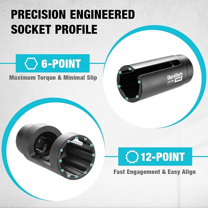 DURATECH 12PCS O2 Oxygen Sensor Socket Set with Storage Case | 22mm, 27mm, 29mm, 7/8" and 1-1/16" Sockets, 3/8" & 1/2" Drive, Thread Chasers