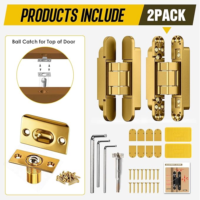 6inch Hidden Door Hinge,Concealed Hinges,Hidden Door Hardware kit,Invisible Door Silent 180 Degree Swing Hinge 3-Way Adjustable Butt 6 x 2.5 x 1inch (Gold, 7 inches)
