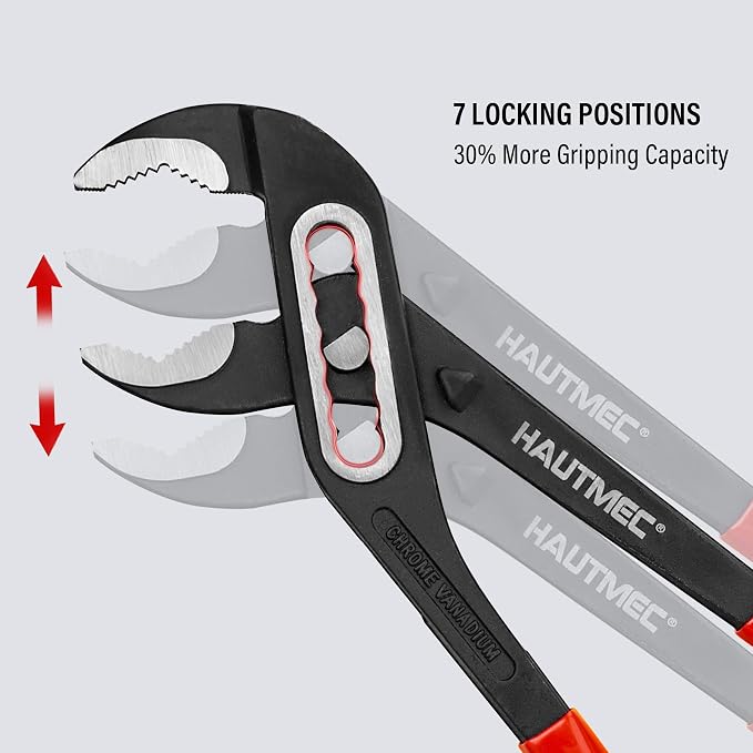 HAUTMEC 3PCS Water Pump Pliers Set, Fast Adjustable Tongue and Groove Joint Pliers Tool Set, Self-Locking Groove, CRV Steel V-Jaw & Comfort Grip, Wider Opening & 7 Positions, 7/10/12 Inch for Plumbing