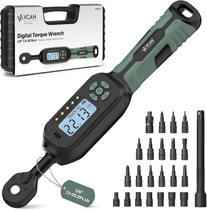 1/4 Torque Wrench Digital(1.1-22.2Ft.Lb) ±1% Average test accuracy Digital Torque Wrench 1/4 Drive with Buzzer and LED Flash Track Mode Torque Wrench Set with Bits & Sockets for Bike Moto Gunsmithing