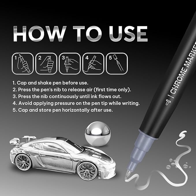 1PK Dual Tip Liquid Chrome Marker, Permanent Mirror Chrome Paint Pen for Plastic, Metal, Model Painting, Touch Up & Repair Kit, 2 Tips (0.7mm & 3mm Reversible Tip)