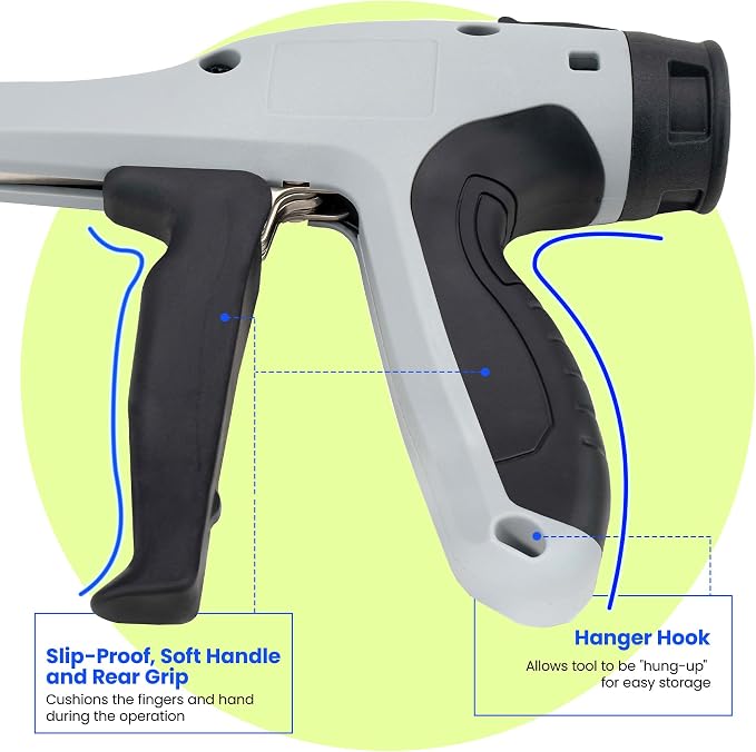 Low-Impact Cable Tie Gun for Plastic & Nylon Zip Tie, Replace Panduit GTS-E, Ergonomic Zip Tie Gun with Adjustable Tension, 16-Position Knob, Flush Cut, Low Handle Force, Fits 8-50 lb Cable Ties
