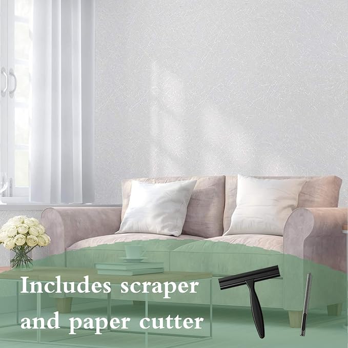 White Textured Wallpaper Peel and Stick Silk Embossed Vinyl Contact Paper | 15.7" X 118" Removable Self Adhesive Wall Vinyl Wrap Covering for Bedroom with Scraper, Paper Cutter