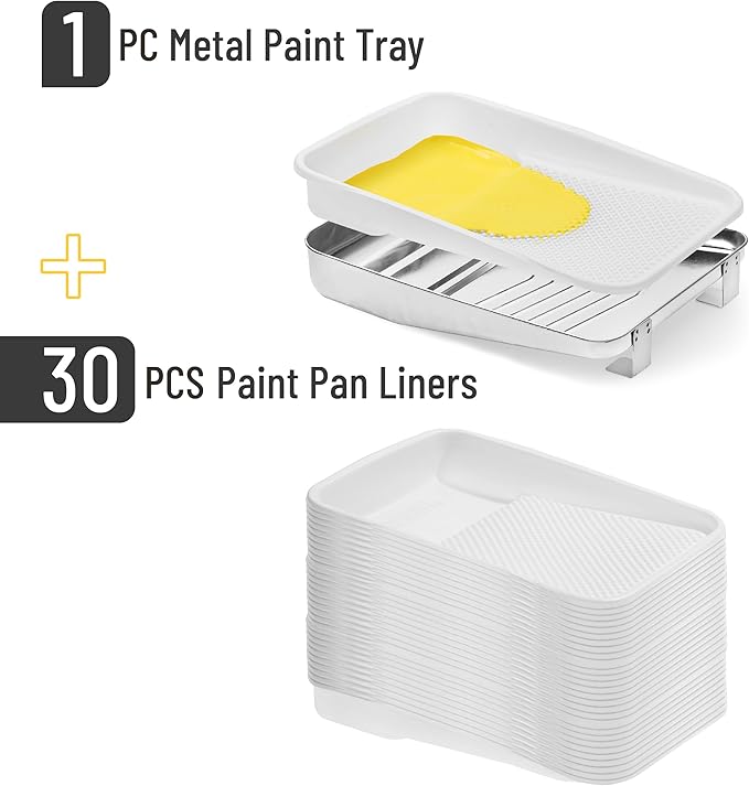 Bates- Paint Tray Liner, 9 Inch, 31 pcs, One Metal Paint Tray, 30 pcs White Plastic Paint Pan Liners