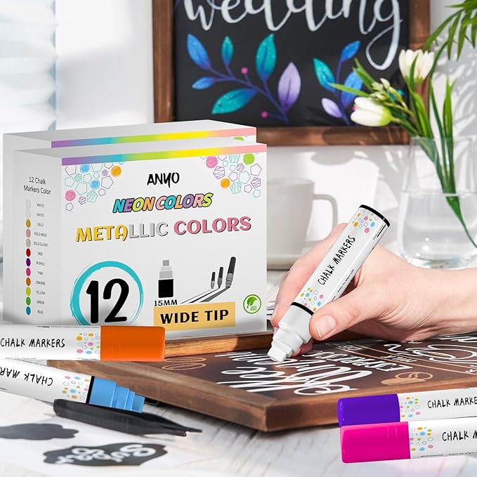 Anyo 12 Pack Chalk Markers for Blackboard, Window Paint with 15mm 3-in-1 Jumbo Nib Tip, Metallic & Neon Color Wet Erase Window Markers for Glass Washable, Glass, Mirror, Blackboard, Bistro, Menus