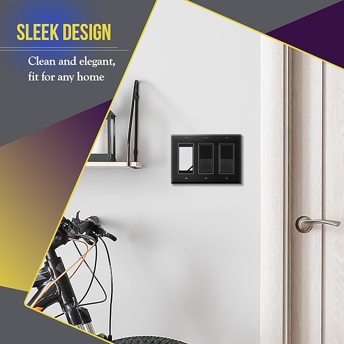 ENERLITES Decorator Light Switch or Receptacle Outlet Wall Plate, Gloss Finish, Size 3-Gang 4.50" x 6.38", Unbreakable Polycarbonate Thermoplastic, UL Listed, 8833-BK-5PCS, Black, (5 Pack)