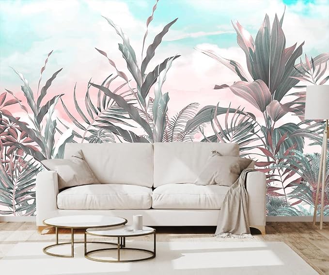Toolhom Tropical Leaves Flowers Seamless Pattern Mural | 170"x108" non-self-adhesive wallpaper for bedroom, living room, bathroom decorative art background wall