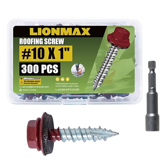 LIONMAX Metal Roofing Screws #10 x 1 Inch, 300-PCS, Dark Red Painted Hex Head Sheet Metal Roof Screws, Rubber Washer, Sharp Point, Metal to Wood Siding Screws, Hex Socket Included