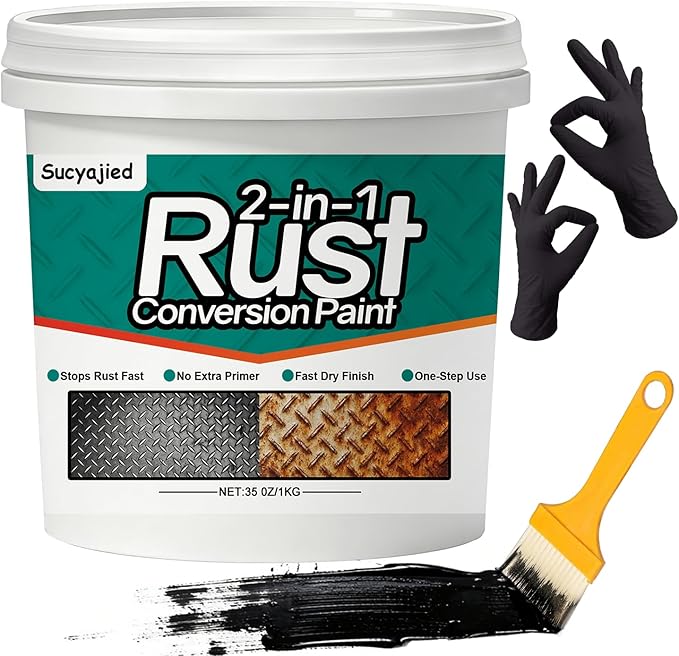 Metal Paint, 2-In-1 Rust Converter for Metal, Rust Remover for Primer, Rust Reformer Conversion Paint, Anti-Rust Inhibitor Heat & UV Resistant for Rusty Trailer Chassis Frame (35 Oz/Black)
