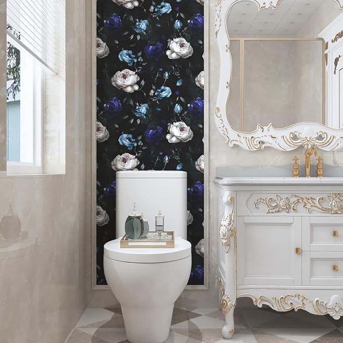 Gothic Dark Blue Rose Floral Wallpaper Peel and Stick 17.5"x393" | Self Adhesive/Removable/Waterproof/Thick Vinyl Vintage Contact Paper for Bathroom Bedroom Shelf Cabinet Drawer,Prepasted