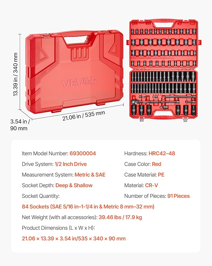 VEVOR 91-Piece 1/2" Drive Impact Socket Set, Deep & Shallow Kit | SAE (5/16" to 1-1/4") & Metric (8 to 32 mm), 6 Point, CR-V, Ratchet Handle, Universal Joint, Adapters, Extension Bars