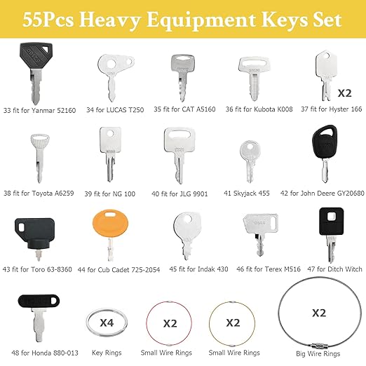55 Heavy Equipment Keys Master Set, Construction Machine Ignition Key for Cat Caterpillar John Deere Komatsu Volvo Bobcat Kubota JCB Case New Holland Hitachi Hyster Yanmar Takeuchi