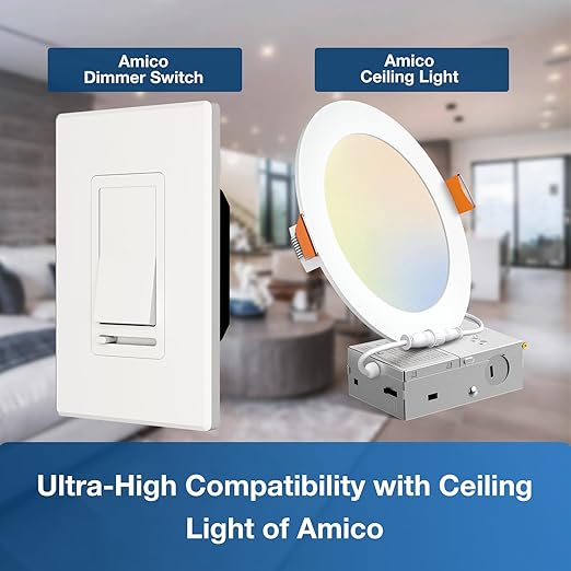 Amico Dimmer Light Switch, Single-Pole or 3-Way Slide Dimmer Switches for Led Lights, Suitable for 150W Dimmable LED/CFL and 600W Incandescent/Halogen, Wall Plate Included, ETL Listed, 1 Pack, White