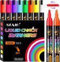 SFAIH 8 Vibrant Liquid Chalk Markers Erasable - Chalk Pens for Blackboard, Calendar, Windows, Glass, Bistro, Stores, Signs, Zero Dust, Non-Toxic, 4.5mm Reversible Tip, With Highlighter Color Markers