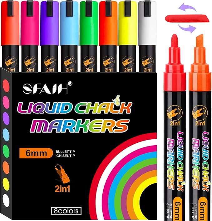 SFAIH 8 Vibrant Liquid Chalk Markers Erasable - Chalk Pens for Blackboard, Calendar, Windows, Glass, Bistro, Stores, Signs, Zero Dust, Non-Toxic, 4.5mm Reversible Tip, With Highlighter Color Markers