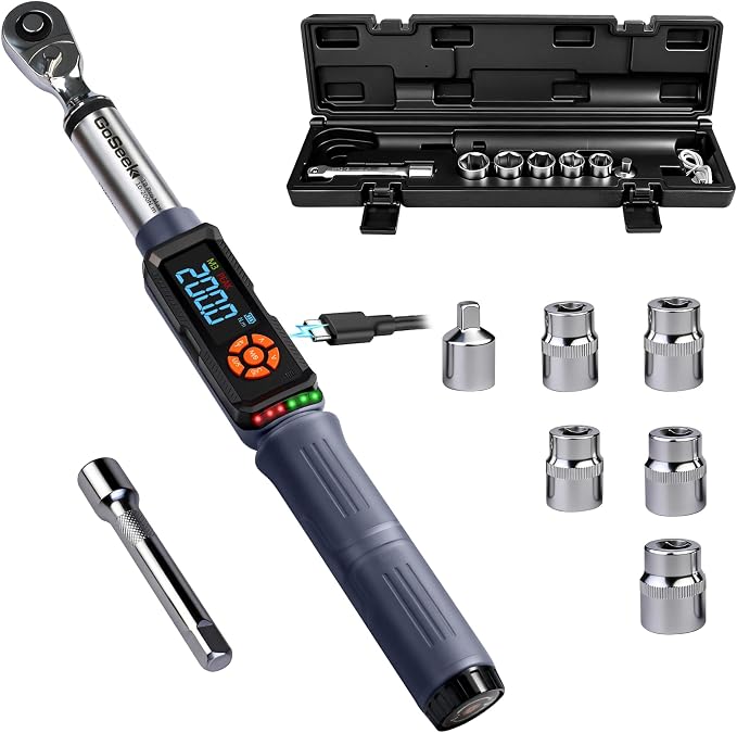 Goseek Upgraded Rechargeable Digital Torque Wrench 90 Tooth, 7.4-147.5 Ft-lbs/10-200Nm, 1/2'' Drive Electric Torque Wrench with Buzzer & LED & Vibration for Motorcycle Car Tires Repair