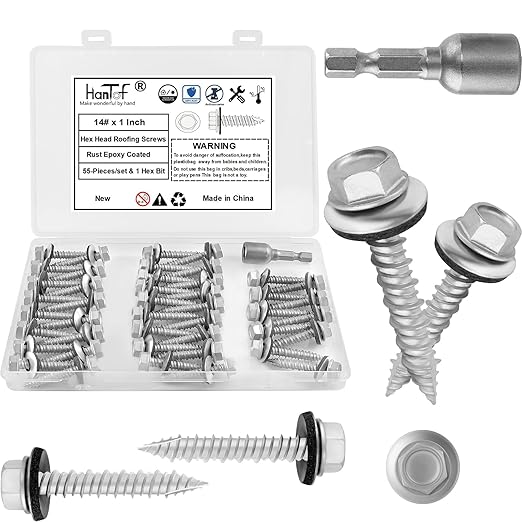 Metal Roofing Screws #14 × 1 Inch, 55-PCS, Hex Head Rustpert Coating Sheet Metal to Wood Siding Screw with EPDM Rubber Washer, Sharp Point, Hex Socket Included