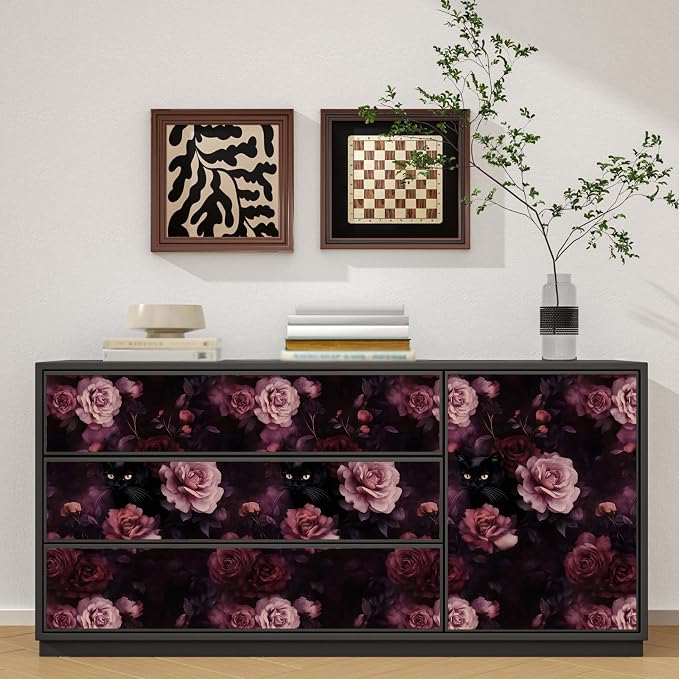 Purple Pink Vintage Cat Peel and Stick Wallpaper 17.5" x 393" | Waterproof Vinyl Self Adhesive Removable Renter Friendly Floral Contact Paper
