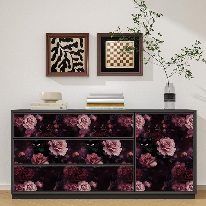 Purple Pink Vintage Cat Peel and Stick Wallpaper 17.5" x 118" | Waterproof Vinyl Self Adhesive Removable Renter Friendly Floral Contact Paper