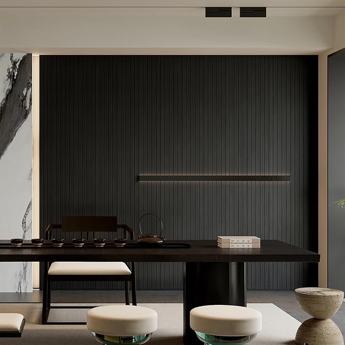 YU LI 3DH Peel and Stick PVC Slat Wall Panel 236"x15.75" Self-Adhesive Thick Faux Black Wood Grain Wallpaper Panel 3D Soundproof Wall Panels for Walls & Ceilings