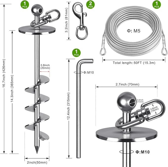 Dog Tie-Out Cable and Stake – 50ft Chew-Proof Stainless Steel Cable, 16-Inch Heavy-Duty Dog Anchor for Dogs Up to 200lbs, No Tangle, Dog Runner for Yard and Camping