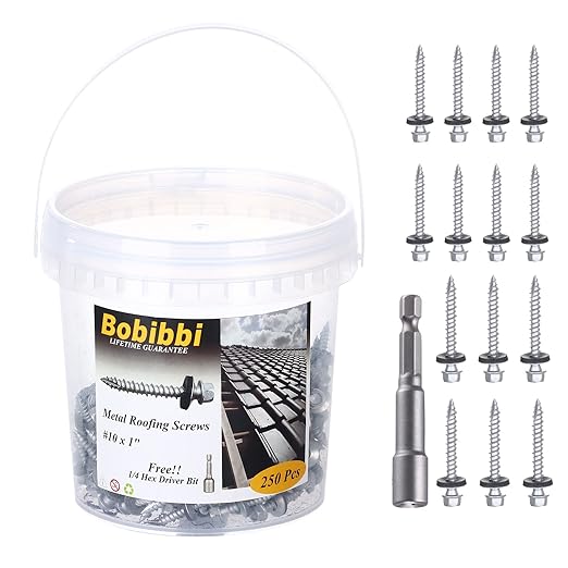 Metal Roofing Screws 10 x 1 inch, Hex Head Sheet Metal Roof Screw with EPDM Washer for Corrugated Roofing (250Pcs)
