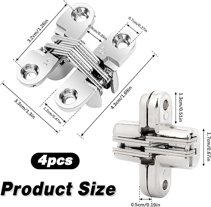 4 Pack Stainless Steel 180 Degree Hidden Hinges for Doors & Cabinets - Invisible Cross & Swing Hinges