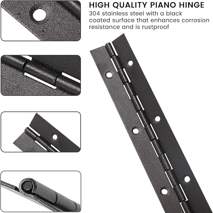 Continuous Piano Hinges, Black 304 Stainless Steel Folding Hinges with Mounting Screws for Doors Cabinets Windows Boxes, 6 Inch (4 Pack)