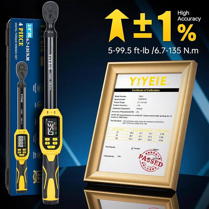 Digital Torque Wrench 3/8" Drive, 5-99.5 Ft-lb/6.7-135 N.m (±1% Accuracy) | Buzzer and LED Alert, Electric Torque Wrench Digital with Adapter, 2 Extension Bars - Reach Tight Space, for Bike/Moto/Auto